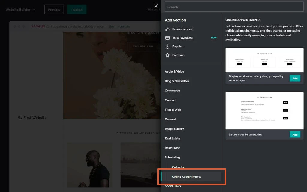 GoDaddy Website Builder Scheduling