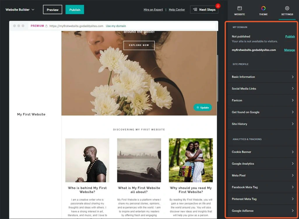 GoDaddy Website Builder Settings