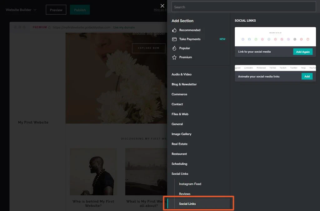 GoDaddy Website Builder Social Links